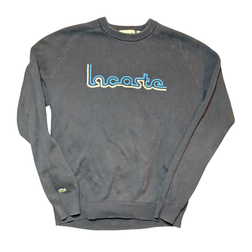 Lacoste AH3019 Crewneck Sweater Mens Large Navy Blue Retro Script Logo